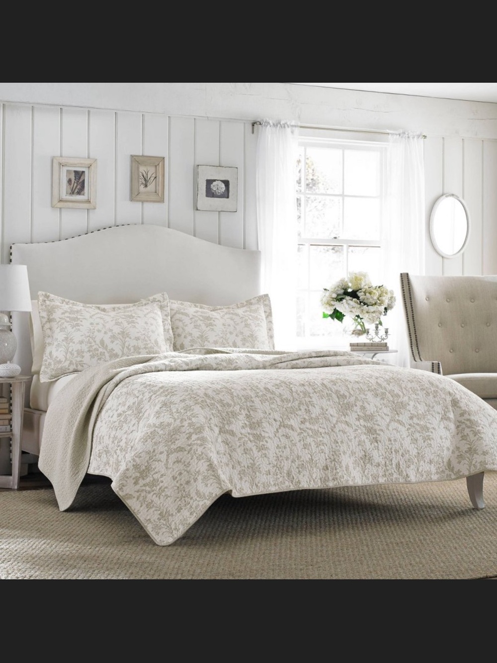 Laura Ashley Cream and Taupe Floral Quilted Comforter Set
